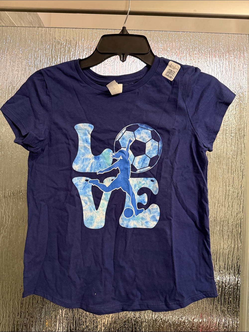 District Navy Blue Tee with Light Blue 'LOVE' Soccer Graphic